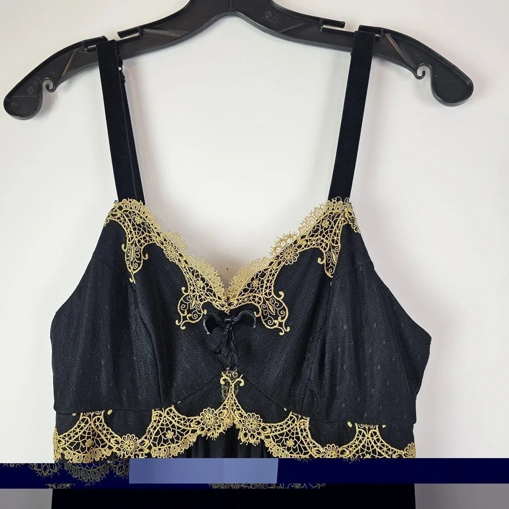 Soma Black Gold Long Nightgown Embroidered Front Slit Sleepwear Medium Romantic